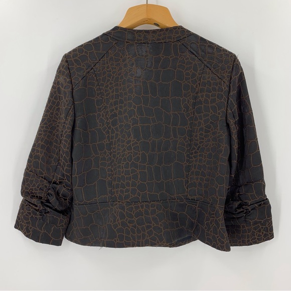 anthracite Brown Scale Print Zipper Closure 3/4 Ruched Sleeve Blazer, 10 - Picture 13 of 16